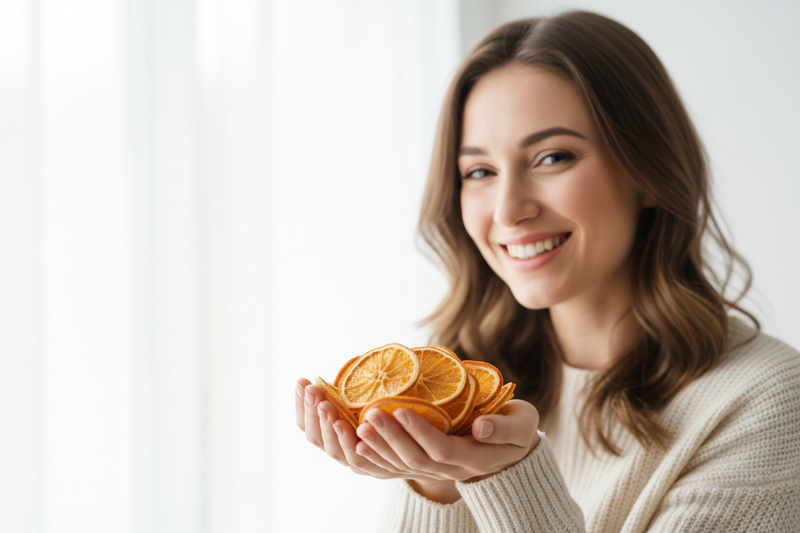 happy lady holding dried oranges